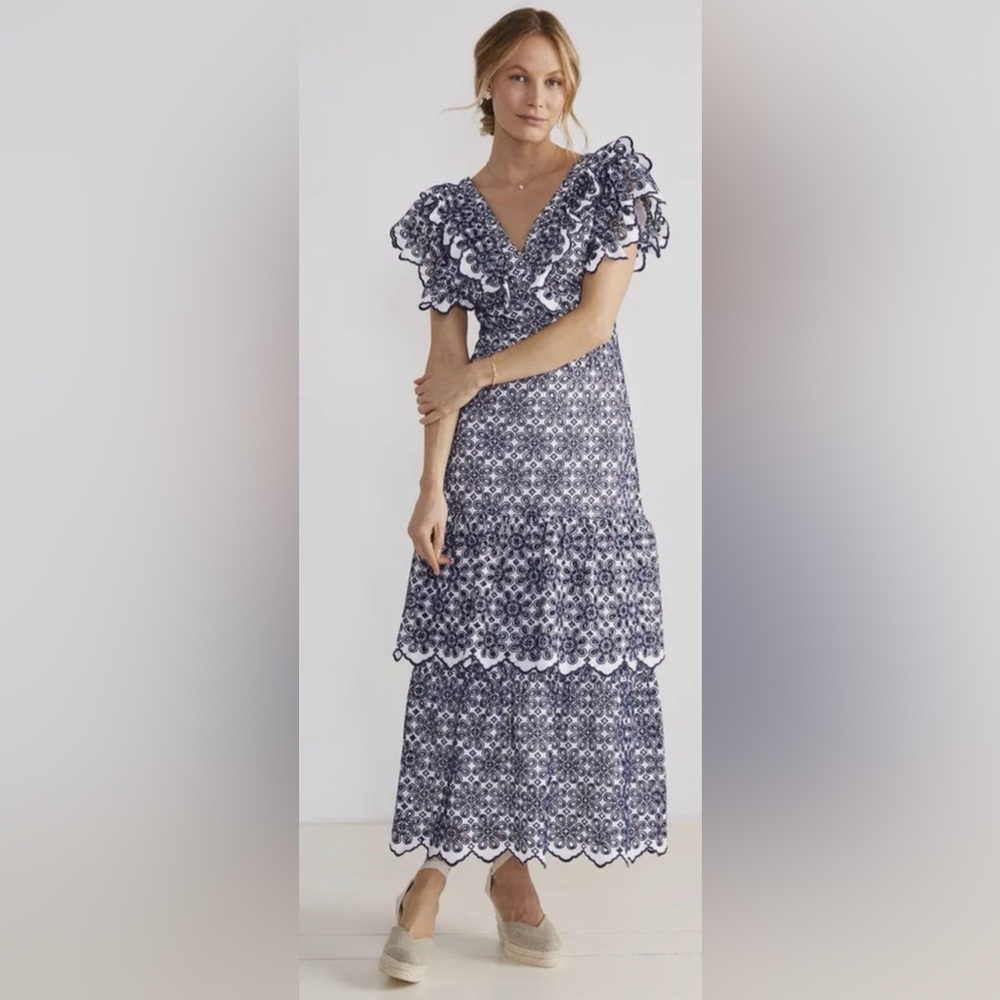 Vineyard Vines Navy and White Ruffle-Trim Kentucky Derby Dress